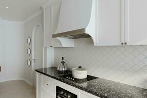 Rendering of the minimalist kitchen. Cookers on the electric stove on the kitchen counter. photo