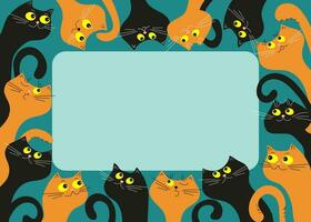 Banner frame with funny multicolored cartoon cats. Postcard design, flyer. Space for text. vector