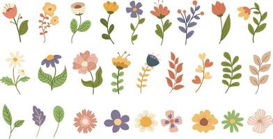 Big set of hand drawn flat flowers in pastel colors. Elements for prints and design. Vector illustration in cartoon style on transparent background