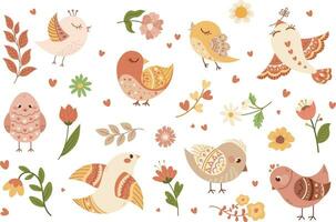 Big set of elements for spring. Flat cartoon birds with folklore pattern, hand drawn flowers and branches. Vector illustration on transparent background