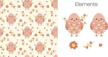 Pattern with flat birds, hearts and branches. Children's pattern in beige pastel colors.  Delicate print for girls vector