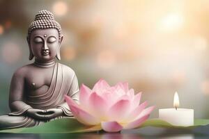 AI generated Meditation Buddha statue with candles and lotus. Neural network AI generated photo