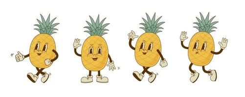 Set of retro cartoon pineapple characters in different poses and emotion. Vintage smiling fruit mascot. Vector illustration.