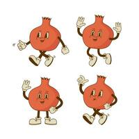 Set of funny retro cartoon garnet characters in groovy style. Smiling Pomegranate fruit mascot in different poses and emotion. Vector illustration.