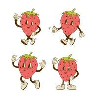 Set of retro cartoon strawberry characters in different poses and emotion. Smiling berry mascot vector illustration.