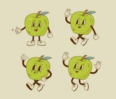 conjunto de retro dibujos animados manzana caracteres en diferente poses y emoción. Clásico sonriente Fruta mascota vector ilustración.