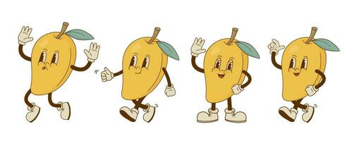 Set of funny retro cartoon mango characters in groovy style. Smiling fruit mascot in different poses and emotion. Vector illustration.