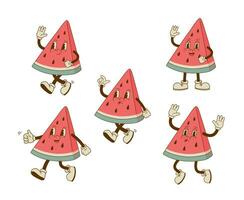 Set of retro cartoon watermelon characters in different poses and emotion. Smiling summer fruit mascot. Vector illustration.