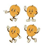 Set of funny retro cartoon apricot characters in groovy style. Smiling peach fruit mascot in different poses and emotion. Vector illustration.