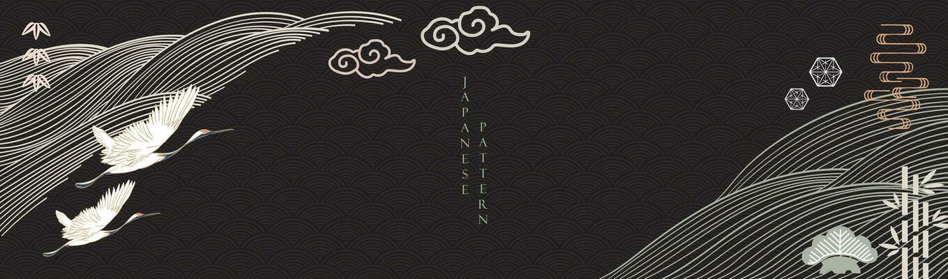 Japanese background with hand drawn line wave in vintage style. Art black landscape banner design with crane birds card design decoration. Icon and symbol  element in Asia style.