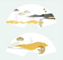 Abstract landscape with Japanese wave pattern vector. Nature art background with Mountain forest fan card template in vintage style. Asian traditional icon and symbol design. Gold and black texture. vector