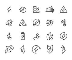 Vector line icon set energy related. Electricity symbol power outline and thin environment collection. Ecology and recycling battery. Technology industry resource and global efficiency