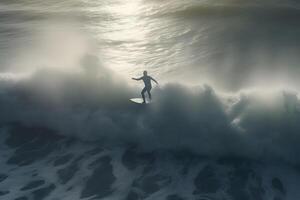 ai generado tablista en azul Oceano ola consiguiendo cañón a amanecer. neural red ai generado foto