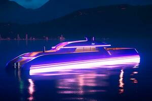 AI generated Retrowave style neon yacht, Futuristic synthwave. Neural network AI generated photo