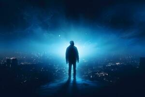 AI generated Man's silhouette in rays of light. Neural network AI generated photo