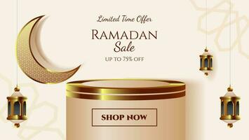 golden Ramadan sale banner design with 3d podium and islamic decoration vector