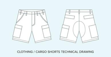 Cargo Shorts with Pockets, Technical Drawing, Apparel Blueprint for Fashion Designers vector