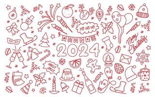 New year doodle vector set. Happy Winter Holiday Doodle Greeting Card with handwritten Lettering 2024. Christmas party related objects and elements fireworks, party, etc.