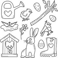 Set of vector isolated line illustrations spring, easter theme.