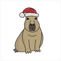 Vector color illustration with outline of a capybara in Santa's hat.