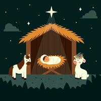 Christmas nativity scene of born child baby Jesus Christ in the manger. Biblical scene. Vector illustration.