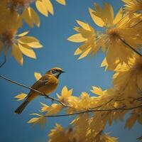 AI generated Yellow-bellied Flycatcher Cyornis phoenicurus perched on a twig with yellow flowers. generative ai photo