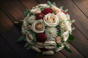 AI generated Beautiful bridal bouquet of different flowers on a dark background. ai generative photo