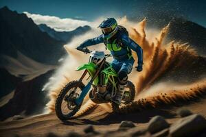 AI generated Motocross rider on the race in the desert. generative ai photo