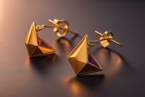 AI generated Earrings made of gold on a solid color background close up. ai generative photo