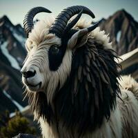 AI generated Black and white goat with horns in the mountains of Cordillera Blanca, generative ai photo