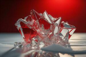 AI generated Ice cubes on a white table, red background. Close-up. ai generated photo
