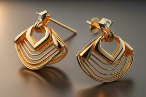 AI generated Earrings made of gold on a solid color background close up. ai generative photo