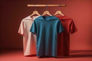 AI generated T-shirts on hangers on a red background. generative ai photo