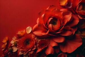 AI generated Beautiful bouquet of flowers on a red background. Flat lay, top view. generative ai photo