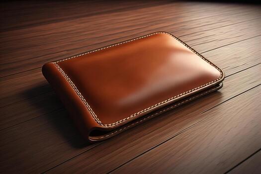 AI generated A leather wallet on a wooden background. ai generative photo