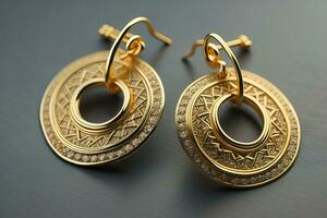 AI generated Earrings made of gold on a solid color background close up. ai generative photo