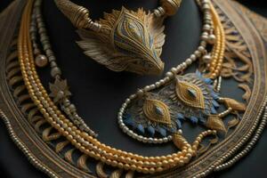 AI generated Necklace on a black background, close-up, selective focus. generative ai photo