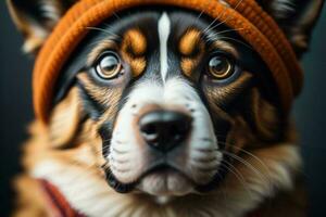 AI generated Portrait of a dog in a warm hat on a dark background. generative ai photo