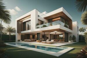 AI generated modern cozy house with pool and parking for sale or rent in luxurious style. Clear summer evening with warm light from window. generative ai photo
