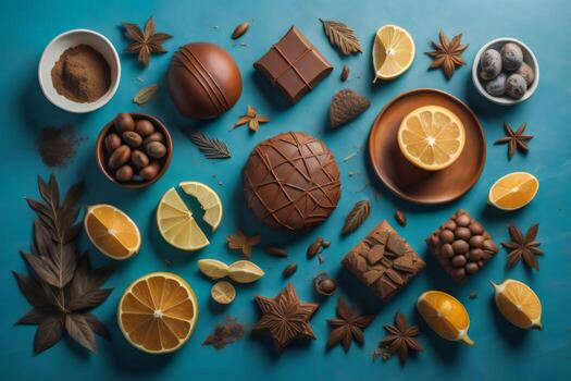 ai generado chocolate dulces, seco frutas y especias en azul antecedentes. generativo ai foto