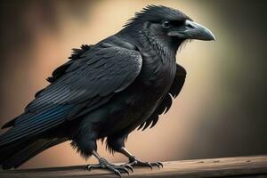 AI generated Black crow Corvus corax sitting on a wooden table. generative ai photo