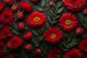 AI generated Flowers composition. Red flowers on black background. Flat lay, top view, copy space. ai generated photo