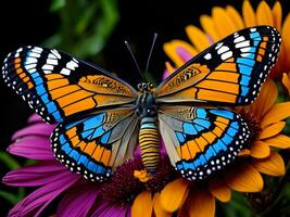 AI generated Beautiful butterfly sitting on a flower. Close-up. Black background. generative ai photo