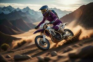 AI generated Motocross rider in the desert. Extreme motocross concept. generative ai photo