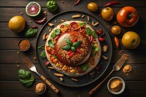 AI generated Homemade hamburger with fresh vegetables and spices on dark wooden background. ai generative photo