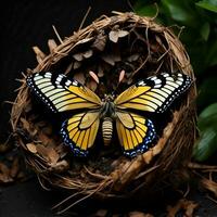 AI generated Butterfly in a nest on a black background with leaves. generative ai photo