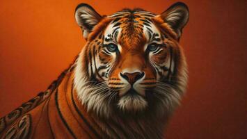 ai generado retrato de un Tigre en un naranja antecedentes. de cerca. generativo ai foto