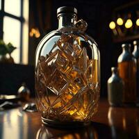 AI generated Glass decanter with whiskey on the table. generative ai photo