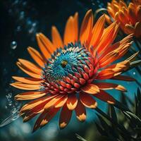 ai generado hermosa naranja gerbera flor con agua gotas en él. generativo ai foto