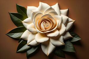 ai generado blanco Rosa con verde hojas en un sólido color fondo, parte superior vista. ai generativo foto